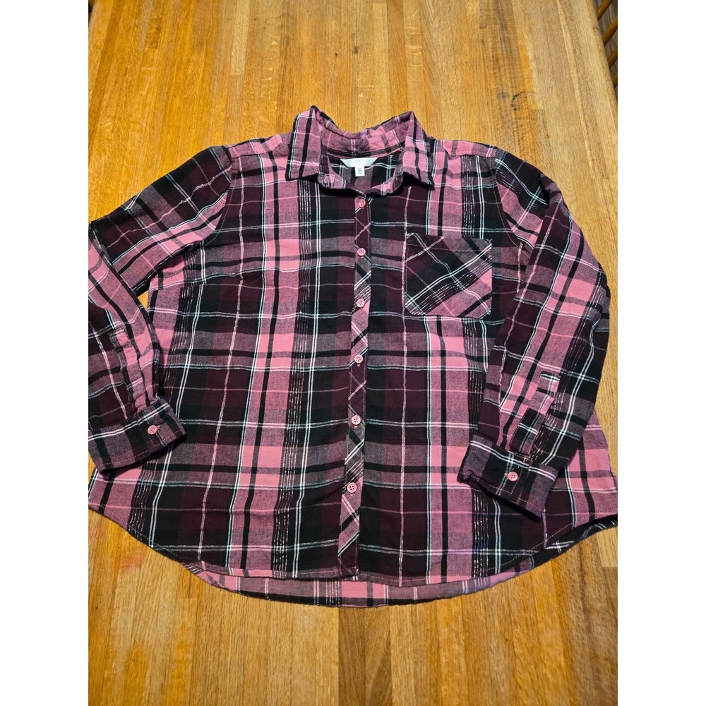 Time and Tru Women XXL Pink Black Plaid Shimmer Flannel Button Down Shirt